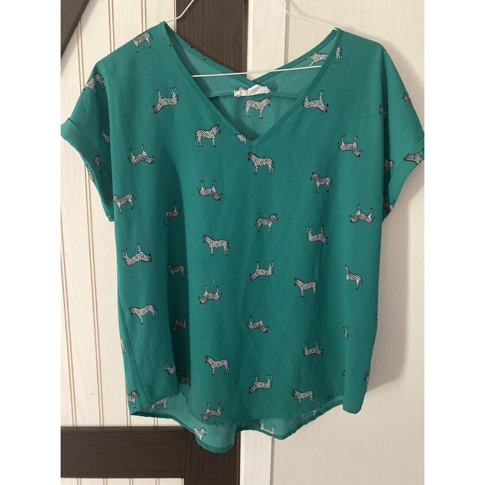 Pink Rose Green Zebra Print Graphic Blouse V-Neck Short Sleeve Shirt Large